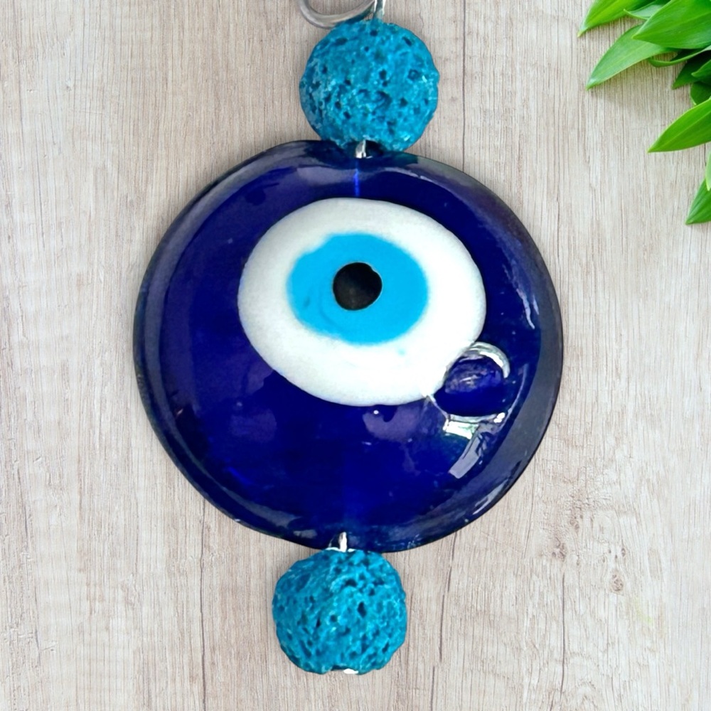Hand Crafted Purse Pet Charm Lava Blue Round Evil Eye Silver Diffuser - Picture 2 of 5